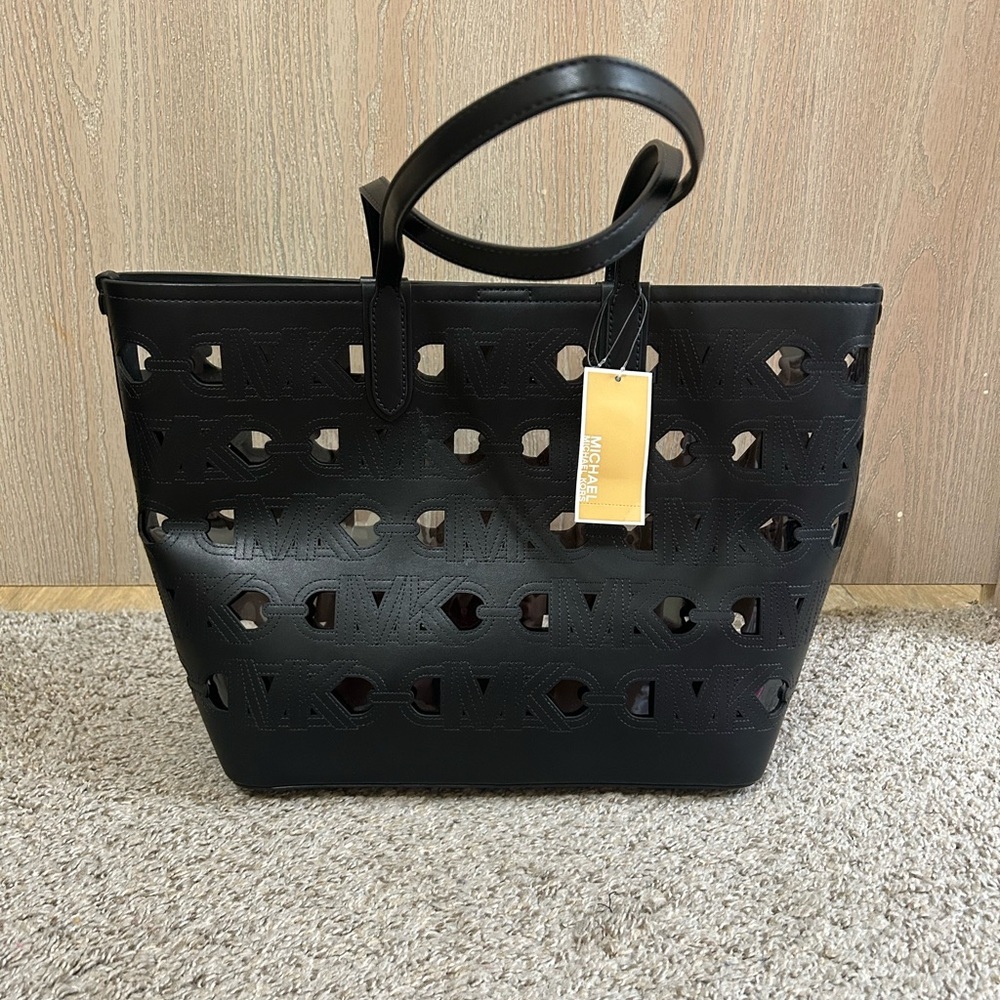 NWT Michael Kors Eliza Open Tote Bag Transparencies Color Black Large Travel